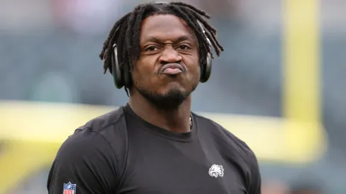 A.J. Brown #11 of the Philadelphia Eagles looks on before the game against the Pittsburgh Steelers at Lincoln Financial Field on December 15, 2024 in Philadelphia, Pennsylvania.