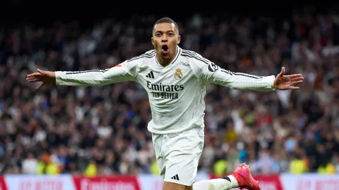 Kylian Mbappe of Real Madrid celebrates after scoring
