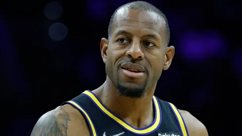 Andre Iguodala #9 of the Golden State Warriors calls to teammates against the Philadelphia 76ers.