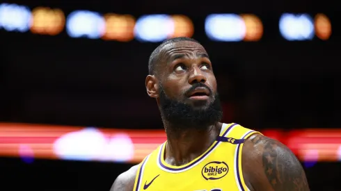 LeBron James #23 of the Los Angeles Lakers looks on against the Miami Heat during the second half at Kaseya Center