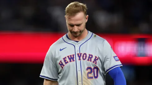 Pete Alonso #20 of the New York Mets reacts after a pop fly out with the bases loaded to end the 6th inning during Game Six of the National League Championship Series against the Los Angeles Dodgersat Dodger Stadium on October 20, 2024 in Los Angeles, California.