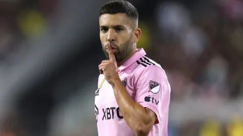 Jordi Alba #18 of Inter Miami CF reacts after scoring a goal in the second half during a match between Inter Miami CF and Los Angeles Football Club at BMO Stadium on September 03, 2023 in Los Angeles, California.