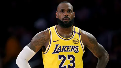 LeBron James #23 of the Los Angeles Lakers reacts during a 117-108 Lakers win over the Miami Heat at Crypto.com Arena.