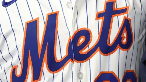 A close-up of Juan Soto's New York Mets jersey is seen during his introductory press conference at Citi Field on December 12, 2024, in New York City.