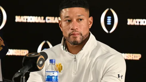 Head coach Marcus Freeman of the Notre Dame Fighting Irish speaks during a press conference after the 2025 CFP National Championship game against the Ohio State Buckeyes at Mercedes-Benz Stadium on January 20, 2025 in Atlanta, Georgia. Notre Dame Fighting Irish defeated the Ohio State Buckeyes 34-23.