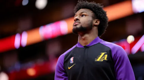 Bronny James #9 of the Los Angeles Lakers looks on before a game against the Houston Rockets at Toyota Center.