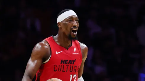 Bam Adebayo #13 of the Miami Heat controls the ball against the Utah Jazz during the first half