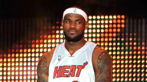 LeBron James #6 of the Miami Heat is introduced during a welcome party