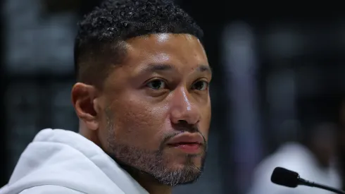 Head coach Marcus Freeman of the Notre Dame Fighting Irish speaks to the media during the Notre Dame Fighting Irish media day at the Georgia World Congress Center prior to the 2025 CFP National Championship between the Ohio State Buckeyes and Notre Dame Fighting Irish on January 18, 2025 in Atlanta, Georgia.
