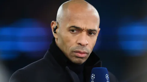 CBS Presenter, Thierry Henry looks on prior to the UEFA Champions League round of 16 leg two match between Manchester City and RB Leipzig at Etihad Stadium on March 14, 2023 in Manchester, England.