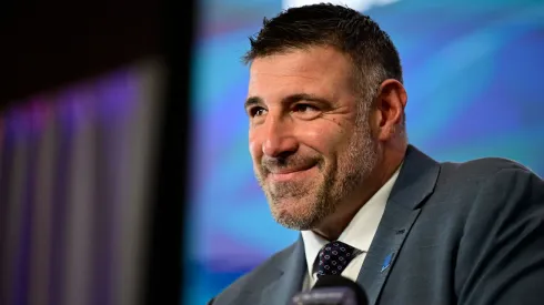 Mike Vrabel speaks as he is introduced as head coach of the New England Patriots during a press conference at Gillette Stadium on January 13, 2025 in Foxborough, Massachusetts.