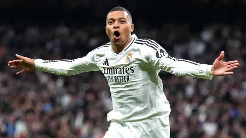 Kylian Mbappe of Real Madrid celebrates scoring his team's third goal vs UD Las Palmas