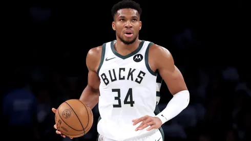 Giannis Antetokounmpo #34 of the Milwaukee Bucks in action against the Brooklyn Nets