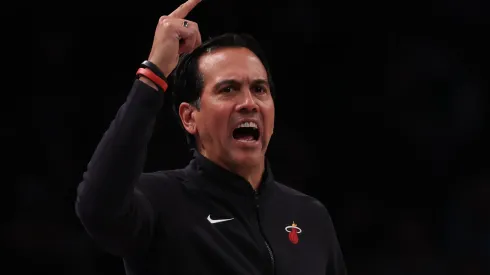 Head Coach Erik Spoelstra of the Miami Heat instructs his team during the second half against the Brooklyn Nets