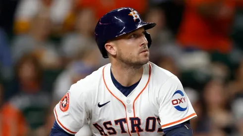 Alex Bregman #2 of the Houston Astros hits a solo home run in the first inning against the Seattle Mariners at Minute Maid Park on September 24, 2024 in Houston, Texas. 
