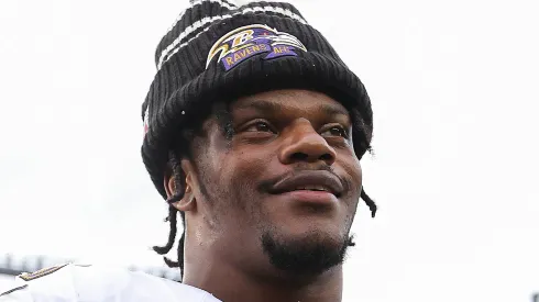Lamar Jackson #8 of the Baltimore Ravens reacts after the game against the New England Patriots at Gillette Stadium on September 25, 2022 in Foxborough, Massachusetts.

