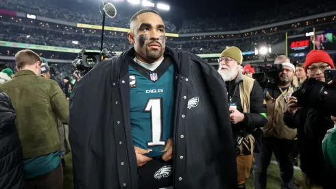 Jalen Hurts #1 of the Philadelphia Eagles looks on after defeating the Washington Commanders 55-23 to win the NFC Championship Game at Lincoln Financial Field on January 26, 2025 in Philadelphia, Pennsylvania.