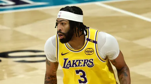 Anthony Davis #3 of the Los Angeles Lakers brings the ball up court during the first half of the game against the Charlotte Hornets