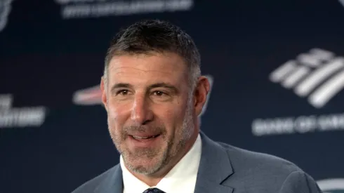 Mike Vrabel speaks as he is introduced as head coach of the New England Patriots during a press conference at Gillette Stadium on January 13, 2025 in Foxborough, Massachusetts.