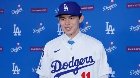 Pitcher Roki Sasaki poses during a Los Angeles Dodgers press conference at Dodger Stadium on January 22, 2025 in Los Angeles, California.