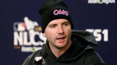 Pete Alonso #20 of the New York Mets speaks to the media during a press conference before Game Three of the Championship Series against the Los Angeles Dodgers at Citi Field on October 16, 2024 in the Queens borough of New York City.