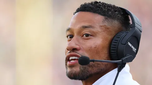 Head coach Marcus Freeman of the Notre Dame Fighting Irish looks on against the Marshall Thundering Herd during the second half at Notre Dame Stadium on September 10, 2022 in South Bend, Indiana.