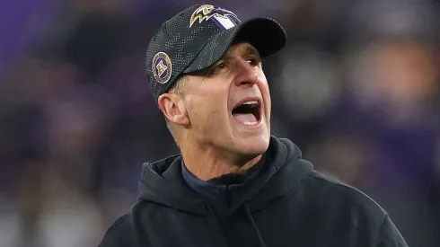Head coach John Harbaugh of the Baltimore Ravens looks on during the fourth quarter against the Pittsburgh Steelers during the AFC Wild Card Playoff at M&T Bank Stadium on January 11, 2025 in Baltimore, Maryland.