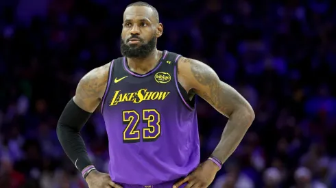 LeBron James #23 of the Los Angeles Lakers looks on during the second half against the Philadelphia 76ers at the Wells Fargo Center.