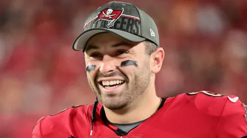 Baker Mayfield #6 of the Tampa Bay Buccaneers looks on from the sidelines during the second half of a preseason game against the Baltimore Ravens at Raymond James Stadium on August 26, 2023 in Tampa, Florida.