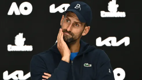 Novak Djokovic of Serbia attends a press conference after retiring from the Men's Singles Semifinal against Alexander Zverev.