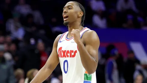 Tyrese Maxey #0 of the Philadelphia 76ers celebrates a basket during a game against the Sacramento Kings at the Wells Fargo Center on January 29, 2025 in Philadelphia, Pennsylvania.