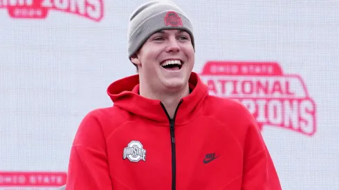 Quarterback Will Howard #18 of the Ohio State Buckeyes delivers remarks during the NCAA Football Championship celebration at Ohio Stadium on January 26, 2025 in Columbus, Ohio.