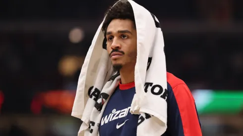 Jordan Poole #13 of the Washington Wizards looks on against the Chicago Bulls during the second half at the United Center on January 10, 2025 in Chicago, Illinois.