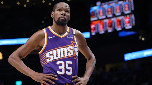 Kevin Durant #35 of the Phoenix Suns reacts in the final seconds of their 122-117 loss to the Atlanta Hawks at State Farm Arena.