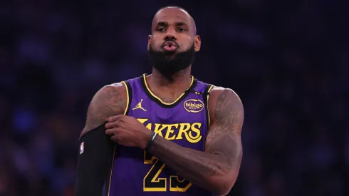 LeBron James #23 of the Los Angeles Lakers looks on against the New York Knicks during their game at Madison Square Garden on February 01, 2025 in New York City.