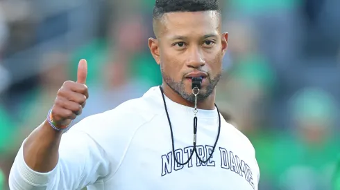 Head coach Marcus Freeman of the Notre Dame Fighting Irish looks on prior to the game against the Ohio State Buckeyes at Notre Dame Stadium on September 23, 2023 in South Bend, Indiana.