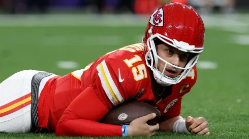 Patrick Mahomes #15 of the Kansas City Chiefs reacts after being tackled by Arik Armstead #91 of the San Francisco 49ers in the second quarter during Super Bowl LVIII.