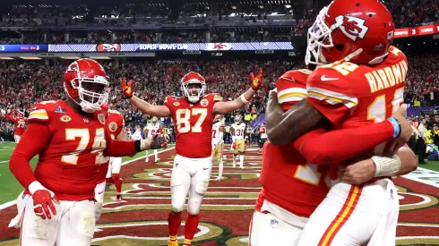 Mecole Hardman Jr. celebrates with Patrick Mahomes and teammates after catching the game-winning touchdown pass to defeat the San Francisco 49ers 25-22 during Super Bowl LVIII.