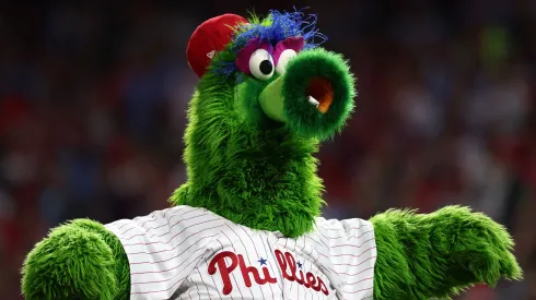 The Phillie Phanatic mascot reacts before Game Seven of the Championship Series between the Philadelphia Phillies and the Arizona Diamondbacks at Citizens Bank Park on October 24, 2023.