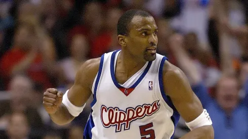 Cuttino Mobley #5 of the Los Angeles Clippers celebrates a basket near the end of the first half against the Denver Nuggets