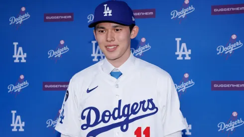 Pitcher Roki Sasaki poses during a Los Angeles Dodgers press conference at Dodger Stadium on January 22, 2025 in Los Angeles, California.