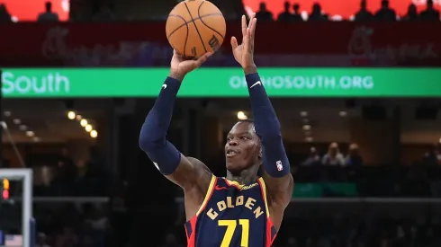 Dennis Schroder #71 of the Golden State Warriors takes a shot during the first half against the Memphis Grizzlies at FedExForum on December 19, 2024 in Memphis, Tennessee.