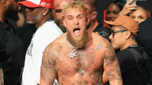 Jake Paul reacts during the ceremonial weigh-in with Mike Tyson (not pictured) at The Pavilion at Toyota Music Factory on November 14, 2024 in Irving, Texas.