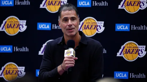 General Manager Rob Pelinka of the Los Angeles Lakers speaks with the media during a press conference.