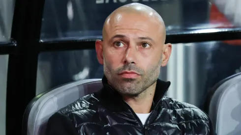 Head coach Javier Mascherano of Inter Miami CF looks on from the bench before a preseason friendly match against America at Allegiant Stadium.