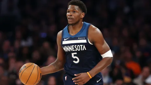 Anthony Edwards #5 of the Minnesota Timberwolves in action during the game against the New York Knicks at Madison Square Garden.