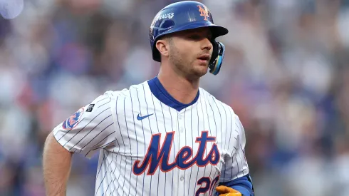 Pete Alonso #20 of the New York Mets rounds the bases after hitting a three-run home run in the first inning against the Los Angeles Dodgers during Game Five of the National League Championship Series at Citi Field on October 18, 2024 in New York City.