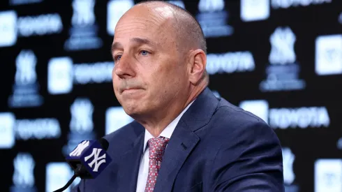 New York Yankees General Manager Brian Cashman speaks to the media prior to the start of the game against the Boston Red Sox at Yankee Stadium on April 08, 2022 in New York City.