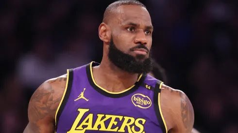 LeBron James #23 of the Los Angeles Lakers looks on against the New York Knicks during their game at Madison Square Garden.