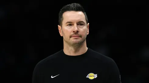 Head coach JJ Redick of the Los Angeles Lakers looks on during the first half of the game against the Charlotte Hornets at Spectrum Center.
